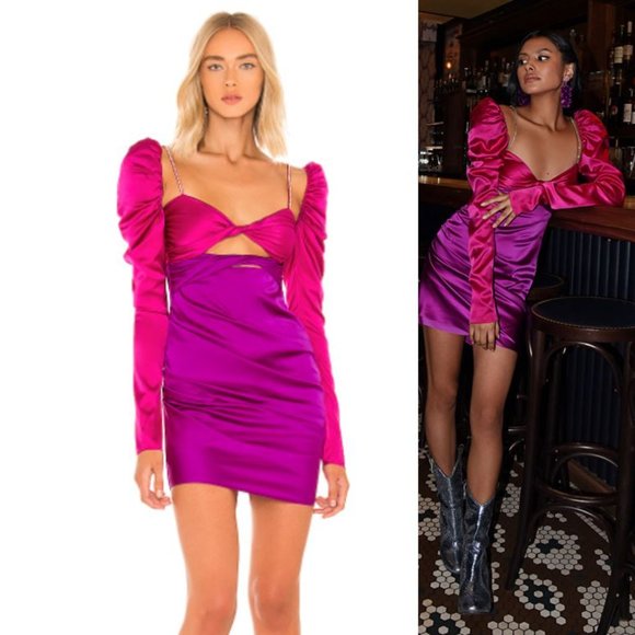 The Bar Dresses & Skirts - NEW The Bar Silk Twist Front Bling Pink Purple Puff Shoulder Mini Dress Size 2
